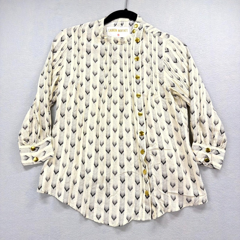 Lauren Moffatt Blouse Top Womens Small Ivory Black Distinct Silk Gold Button